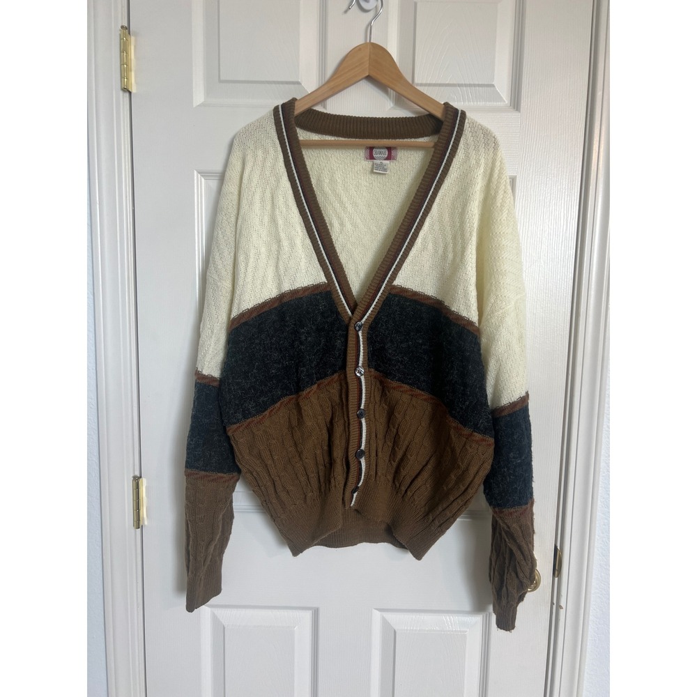 90s Retro Colorblock Cable Knit Cardigan Chiamare XL Oversized Unisex